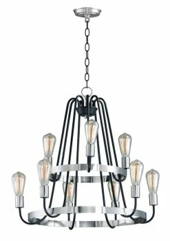 Deals 🥰 Maxim Haven 60W 9-Light Medium E-26 Incandescent Chandelier in Black with Satin Nickel 😉